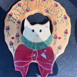 Festive Cat Wreath with Red Bow vintage